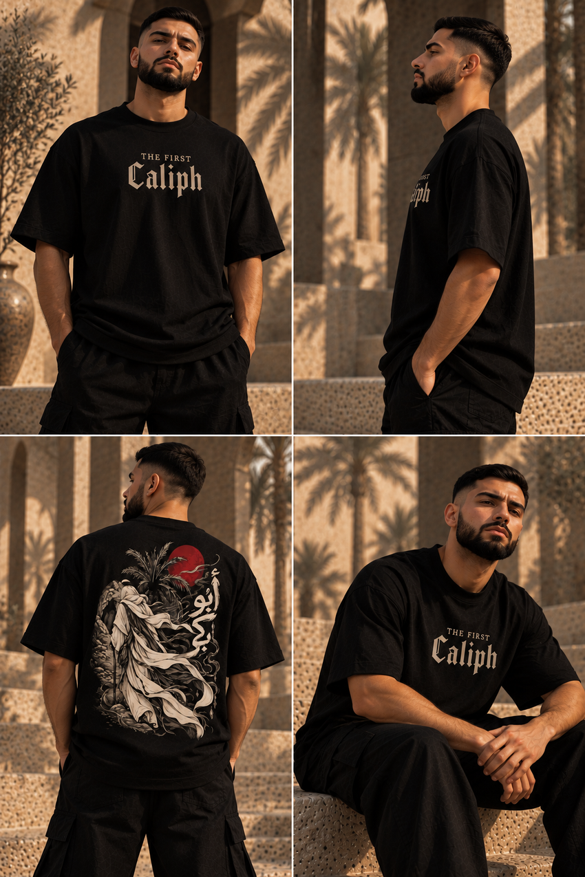 Four-panel editorial showing WAQT Abu Bakr First Caliph streetwear