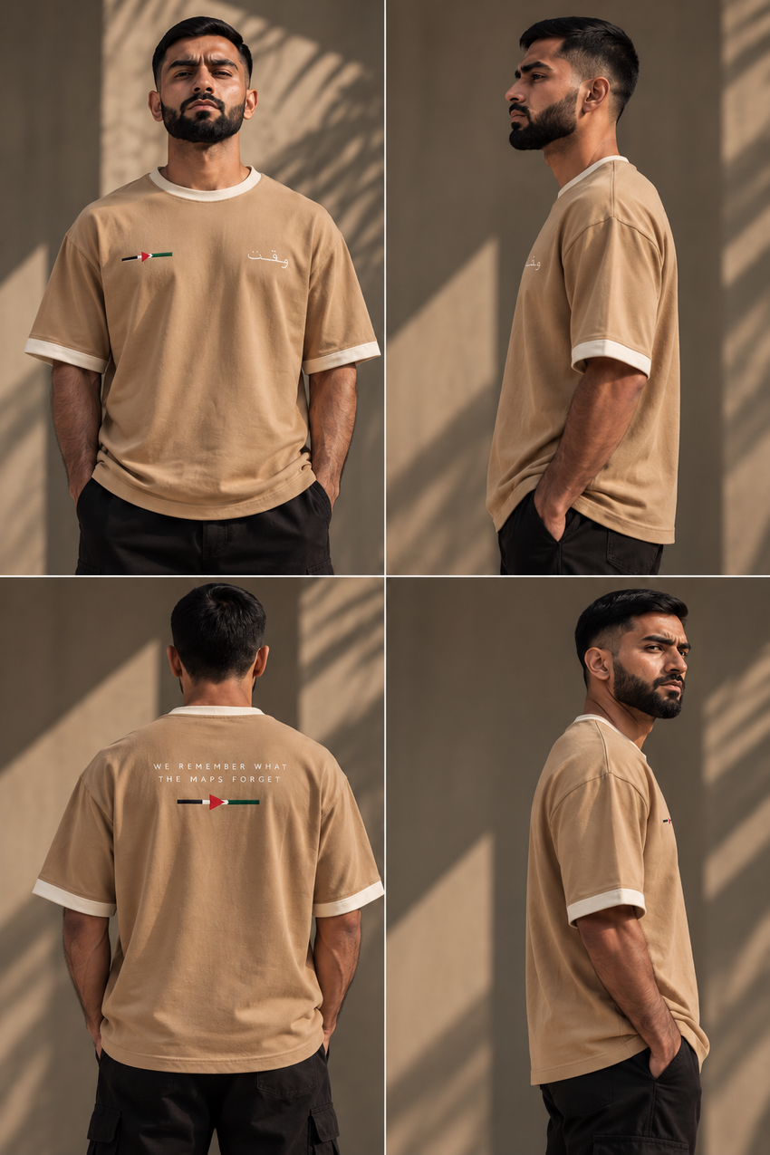 Four-panel fashion editorial featuring WAQT beige Palestine T-shirt