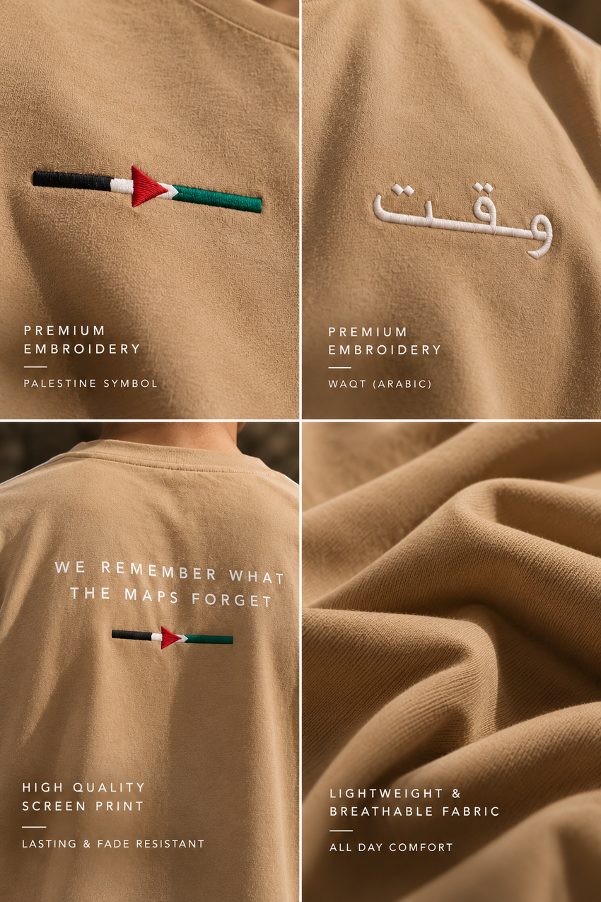 Close-up collage of WAQT beige Palestine T-shirt fabric and embroidery