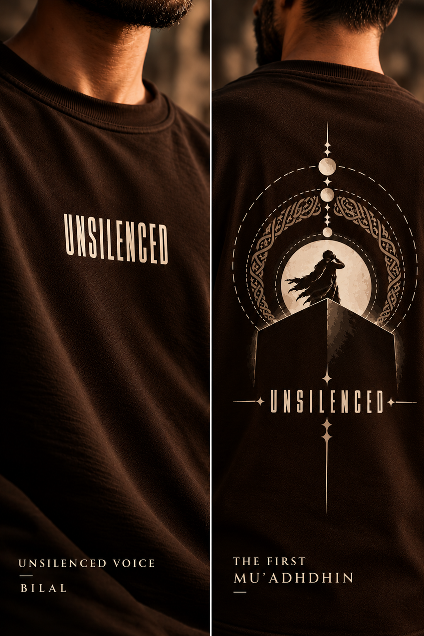 Front and back views of WAQT Bilal Unsilenced graphic T-shirt