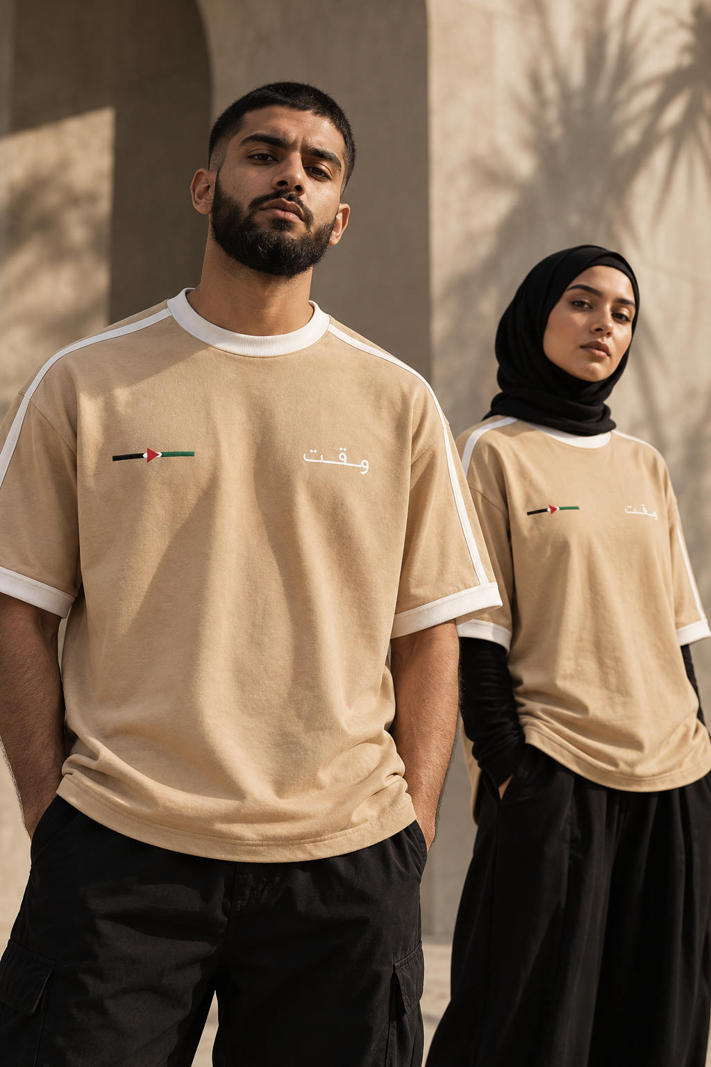 Two-model editorial featuring WAQT Palestine T-shirt in warm beige