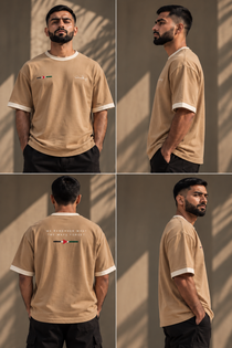 Four-panel fashion editorial featuring WAQT beige Palestine T-shirt