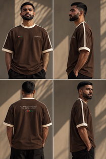 Four-view lookbook of WAQT Palestine graphic T-shirt in walnut brown