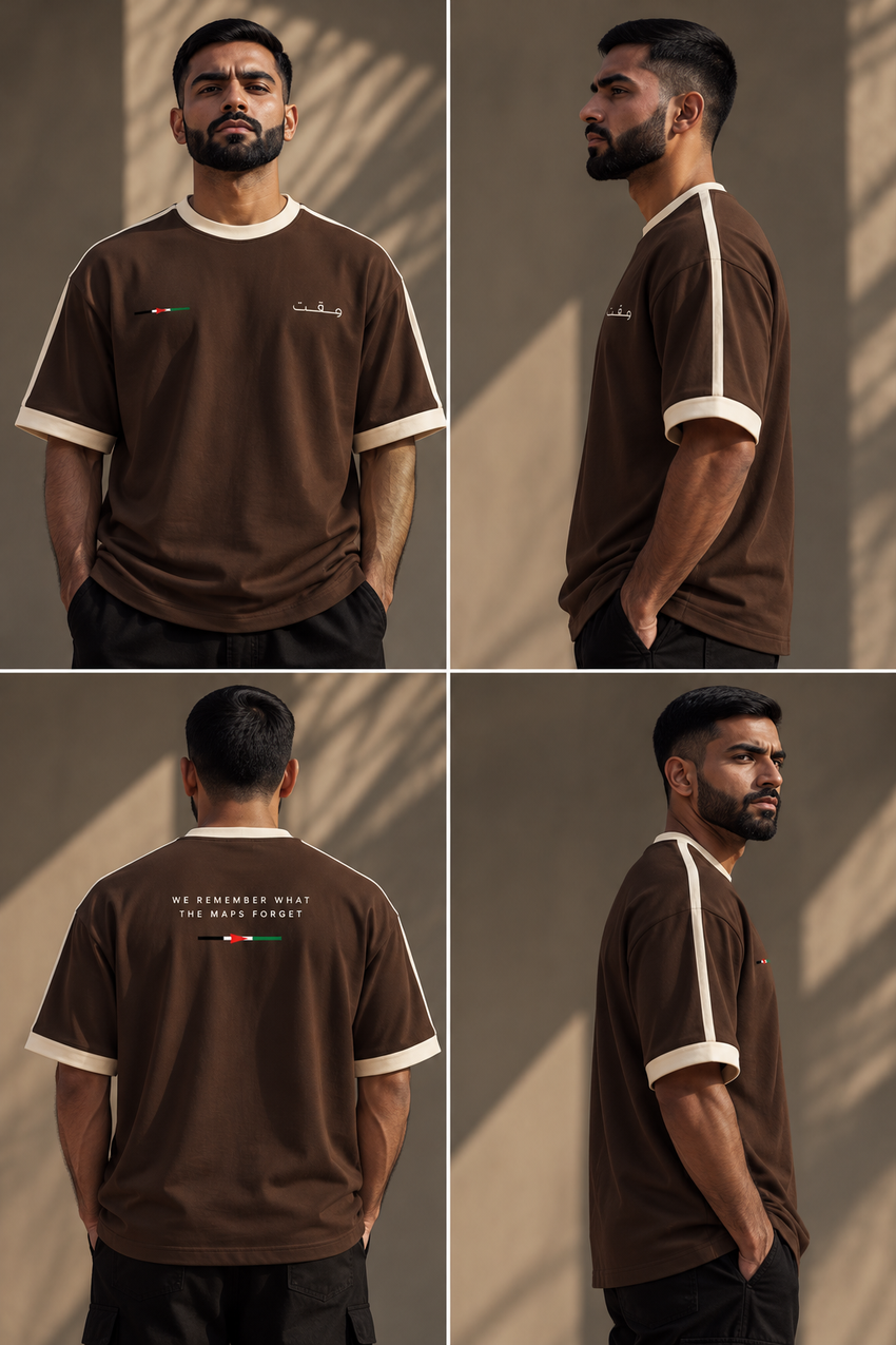 Four-view lookbook of WAQT Palestine graphic T-shirt in walnut brown