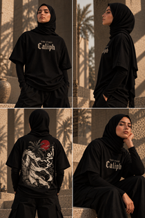 Golden-hour editorial featuring WAQT Abu Bakr First Caliph T-shirt