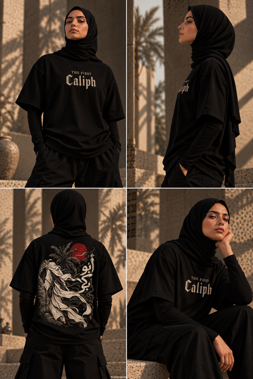 Golden-hour editorial featuring WAQT Abu Bakr First Caliph T-shirt