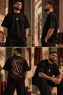 Golden-shadow editorial featuring WAQT Undefeated graphic T-shirt