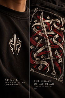 Front and back presentation of WAQT Undefeated Khalid bin Waleed T-shirt