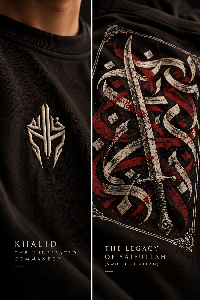 Front and back presentation of WAQT Undefeated Khalid bin Waleed T-shirt