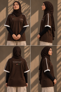 Modest streetwear lookbook collage featuring WAQT walnut Palestine T-shirt
