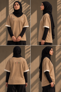 Modest streetwear lookbook featuring WAQT Palestine T-shirt in beige