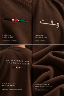 Detail collage of WAQT walnut brown Palestine T-shirt