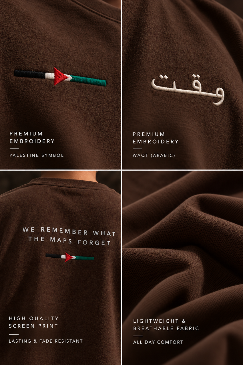 Detail collage of WAQT walnut brown Palestine T-shirt