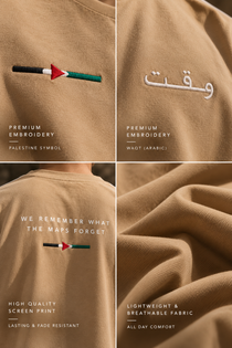 Close-up collage of WAQT beige Palestine T-shirt fabric and embroidery