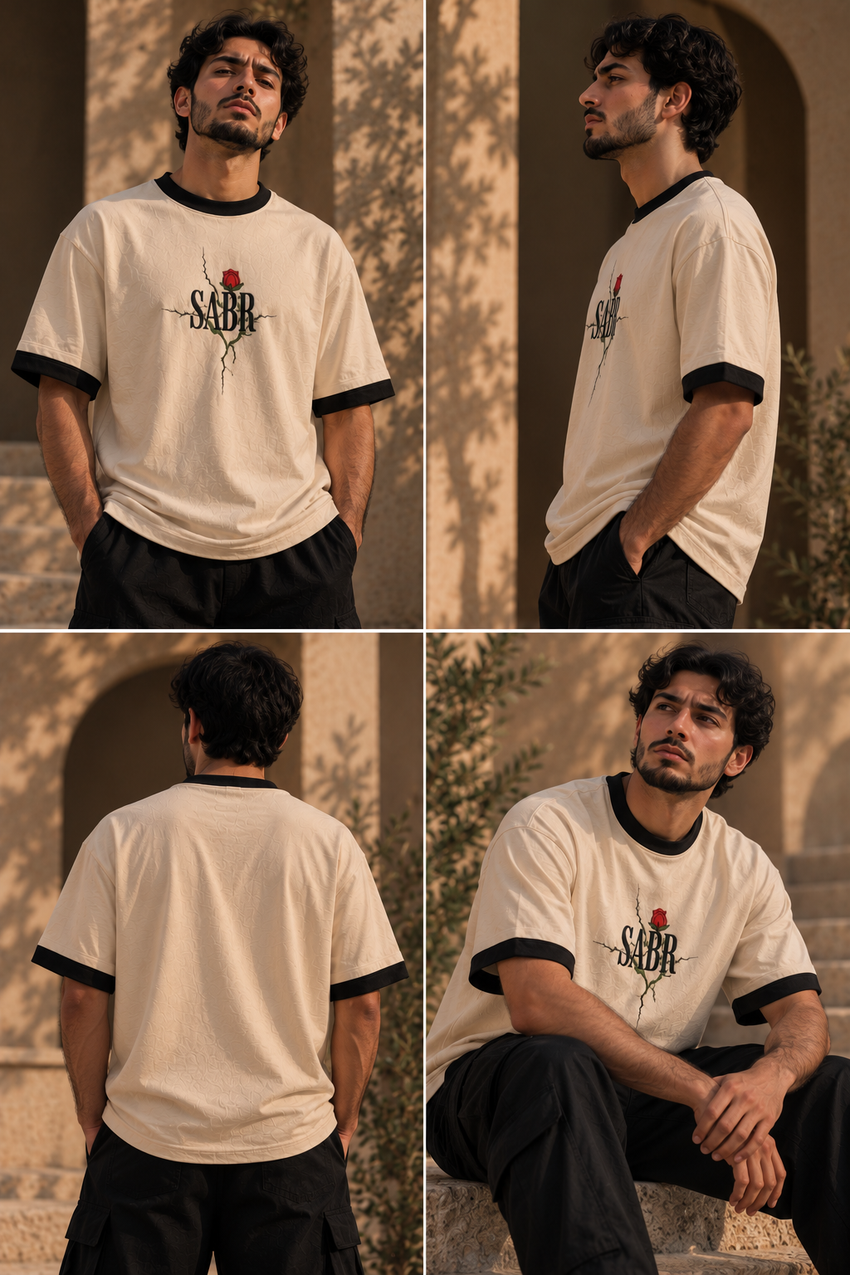 Sunlit streetwear lookbook featuring WAQT SABR rose T-shirt